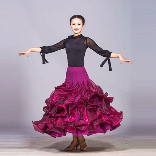 Wine red colored women's fashion competition stage performance women's  ruffles big skirted ballroom tango waltz dance long skirts 
